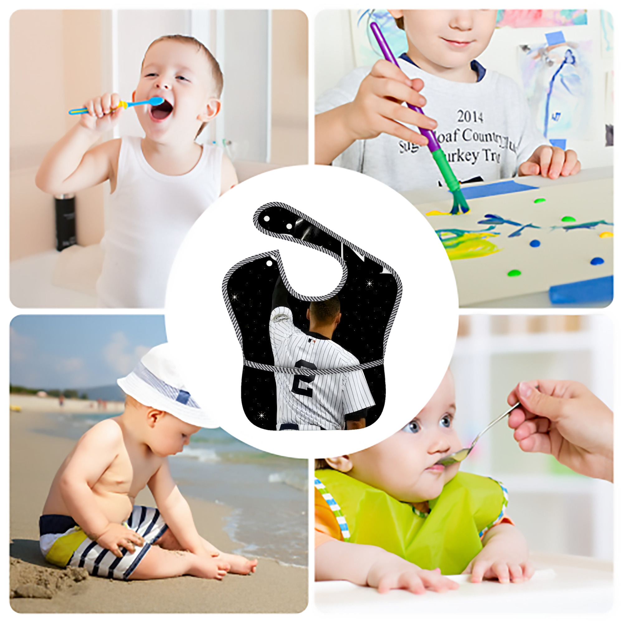 Derek Jeter 73 Adjustable Waterproof Toddler Bib – Full-Print Durable Polyester – Foldable Crumb Pocket – Easy Snap Closure – Soft