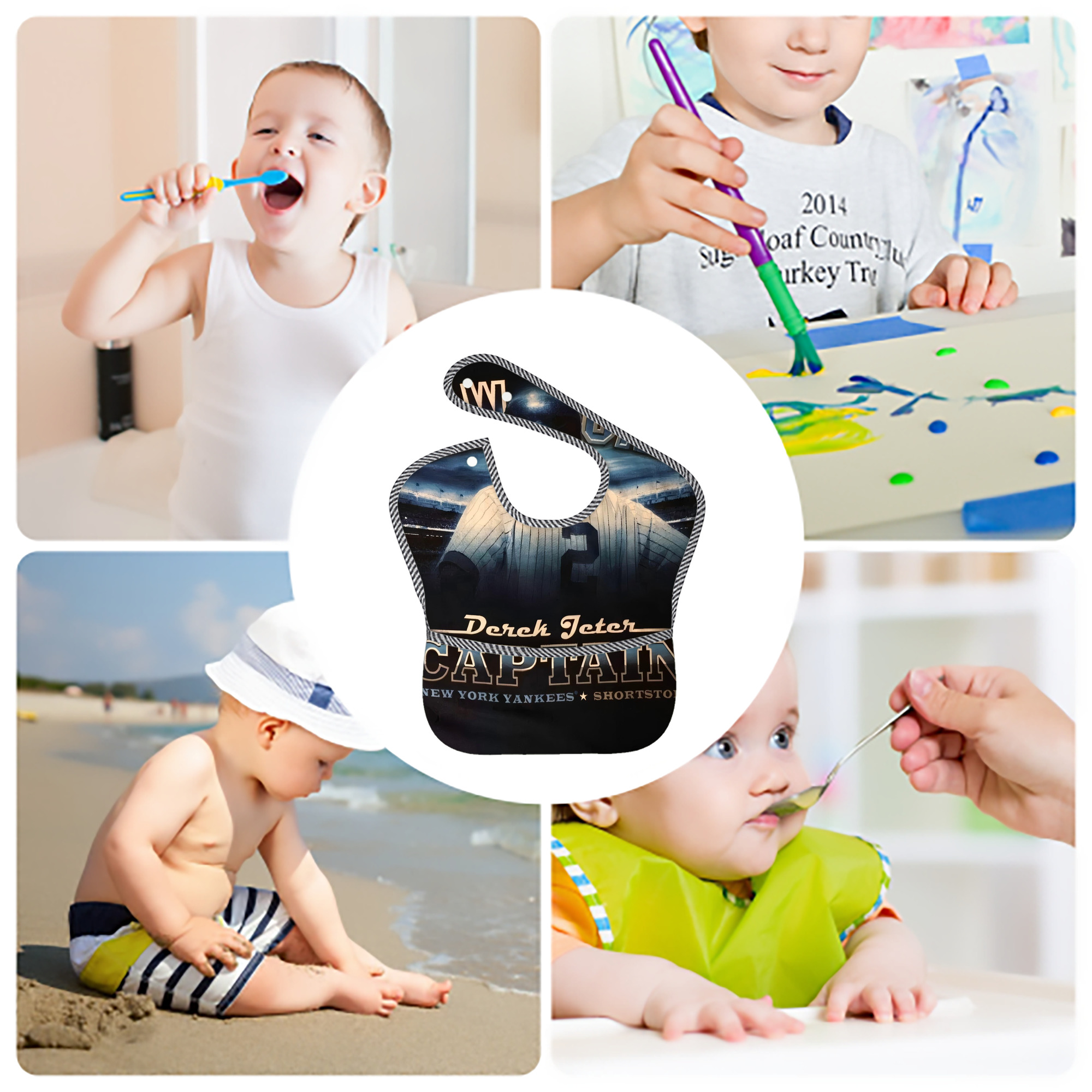 Derek Jeter 74 Adjustable Waterproof Toddler Bib – Full-Print Durable Polyester – Foldable Crumb Pocket – Easy Snap Closure – Soft