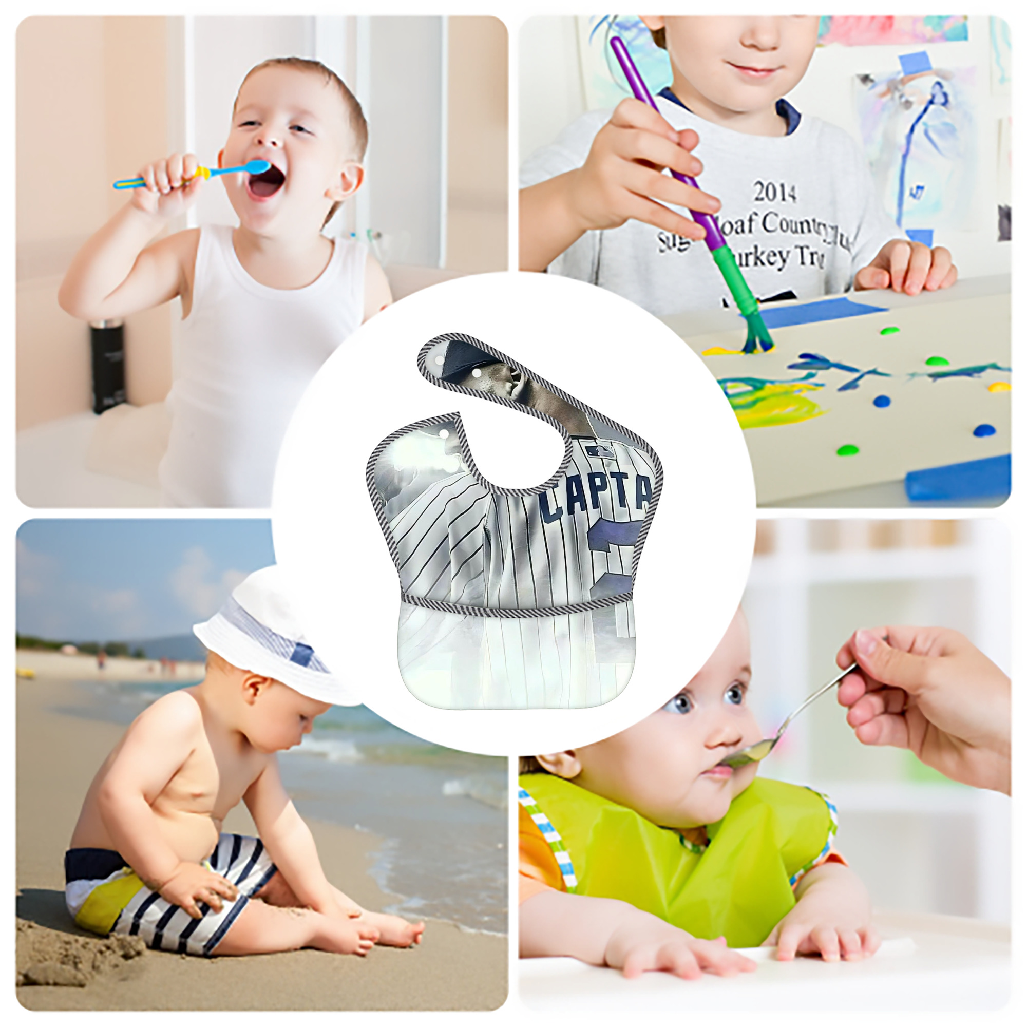 Derek Jeter 105 Adjustable Waterproof Toddler Bib – Full-Print Durable Polyester – Foldable Crumb Pocket – Easy Snap Closure – Soft