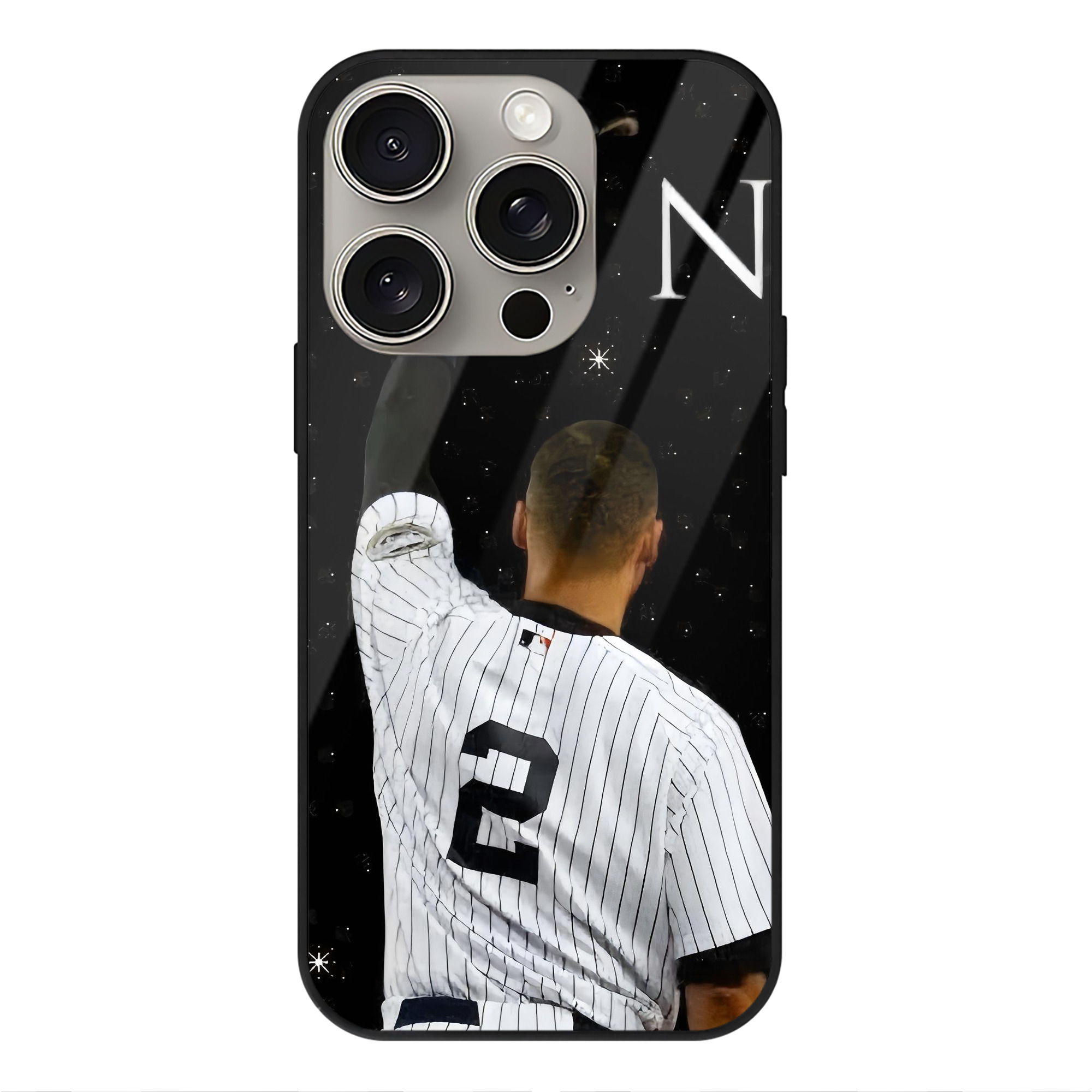 Derek Jeter 73 IPhone 15 Pro Mirror Phone Case – UV Printed Glass + TPU – Scratch-Resistant, Wireless Charging Compatible, Precise Fit & Stylish Design