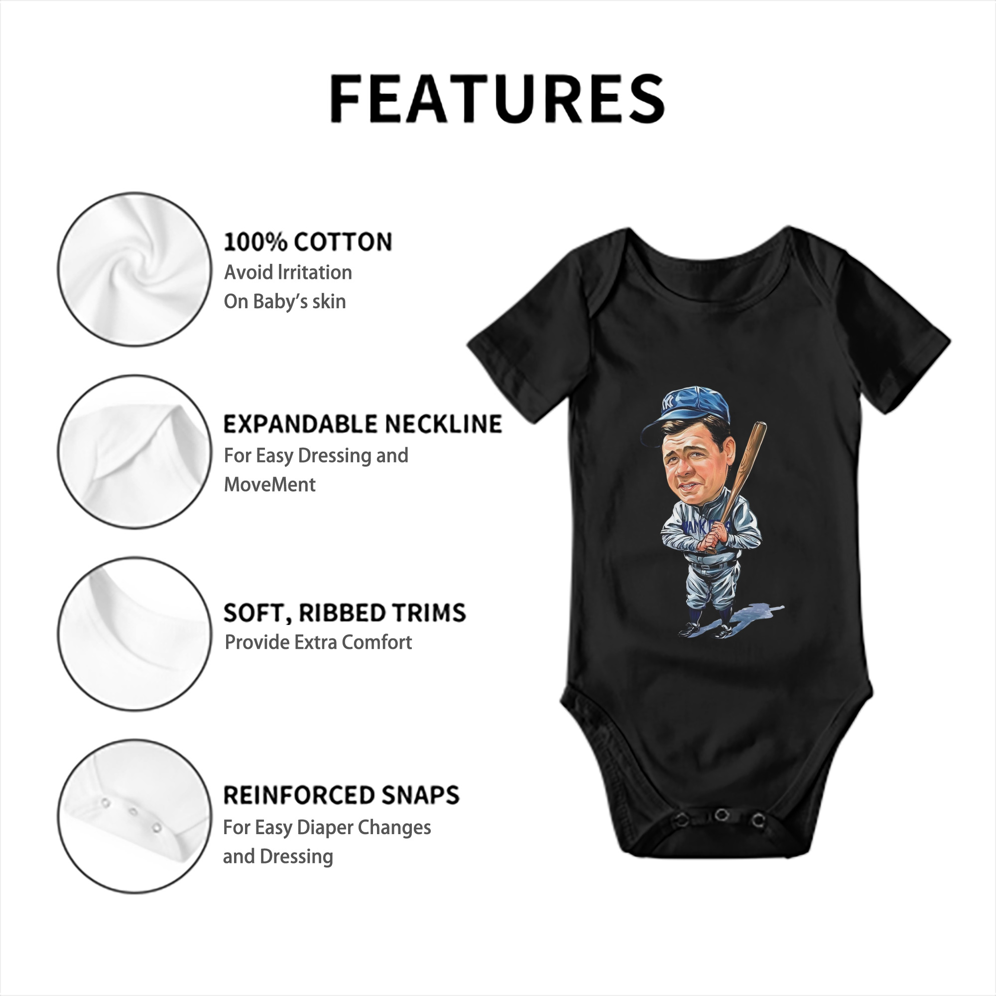 Babe Ruth 14 Baby Short Sleeve Romper – 100% Cotton Soft & Breathable Digital Print Onesie With Easy Snap Closure And Envelope Shoulder – Comfortable For Daily Wear & Travel