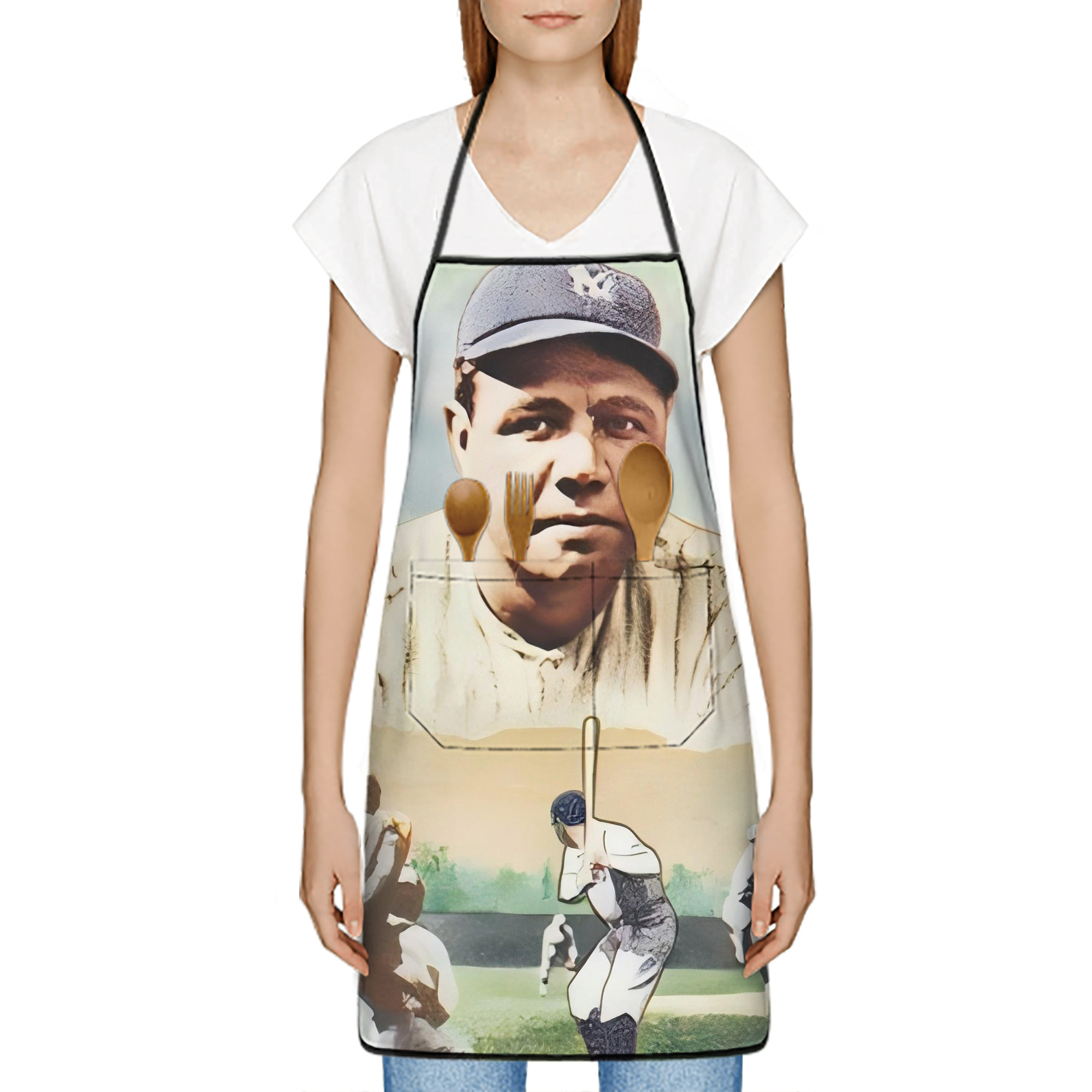Babe Ruth 18 Stain-Resistant Polyester Apron With Pocket – Full Print, Waterproof, Anti-Wrinkle, Anti-Pilling – Ideal For Kitchen, BBQ, Restaurant, Salon & More