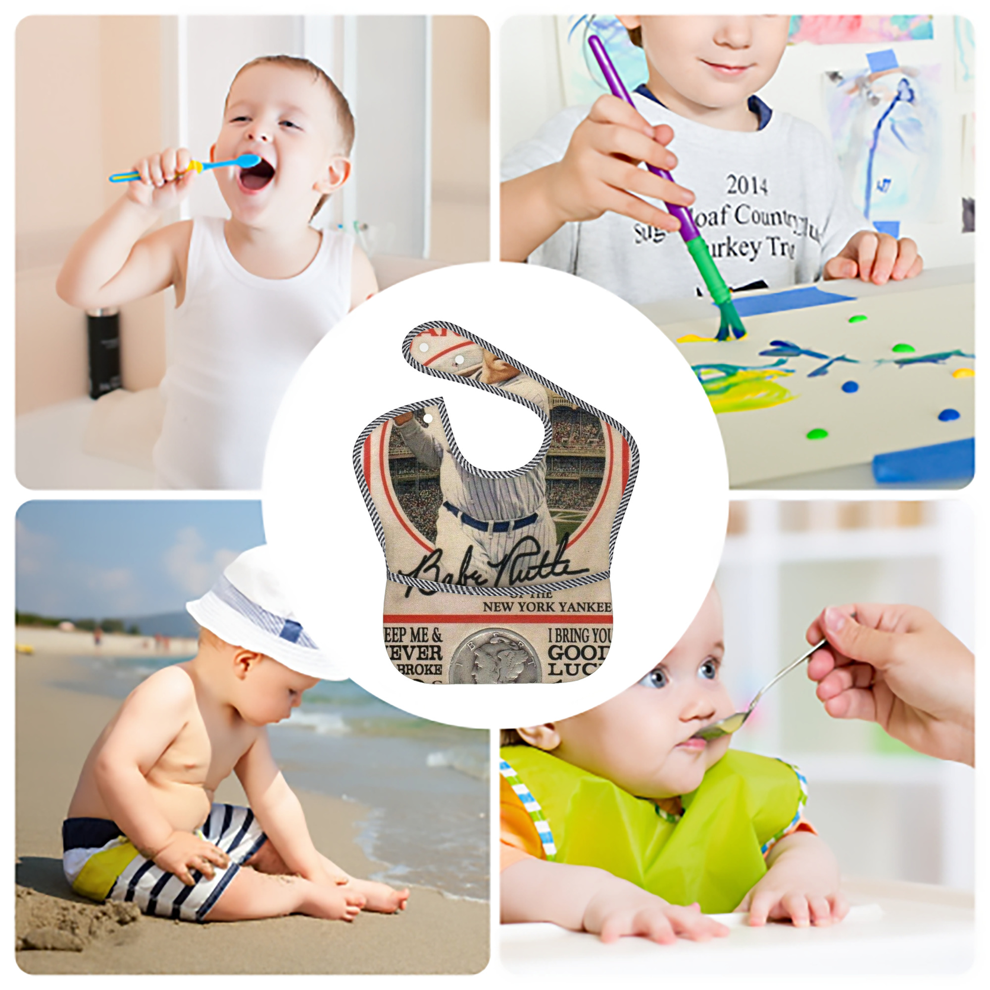 Babe Ruth 15 Adjustable Waterproof Toddler Bib – Full-Print Durable Polyester – Foldable Crumb Pocket – Easy Snap Closure – Soft