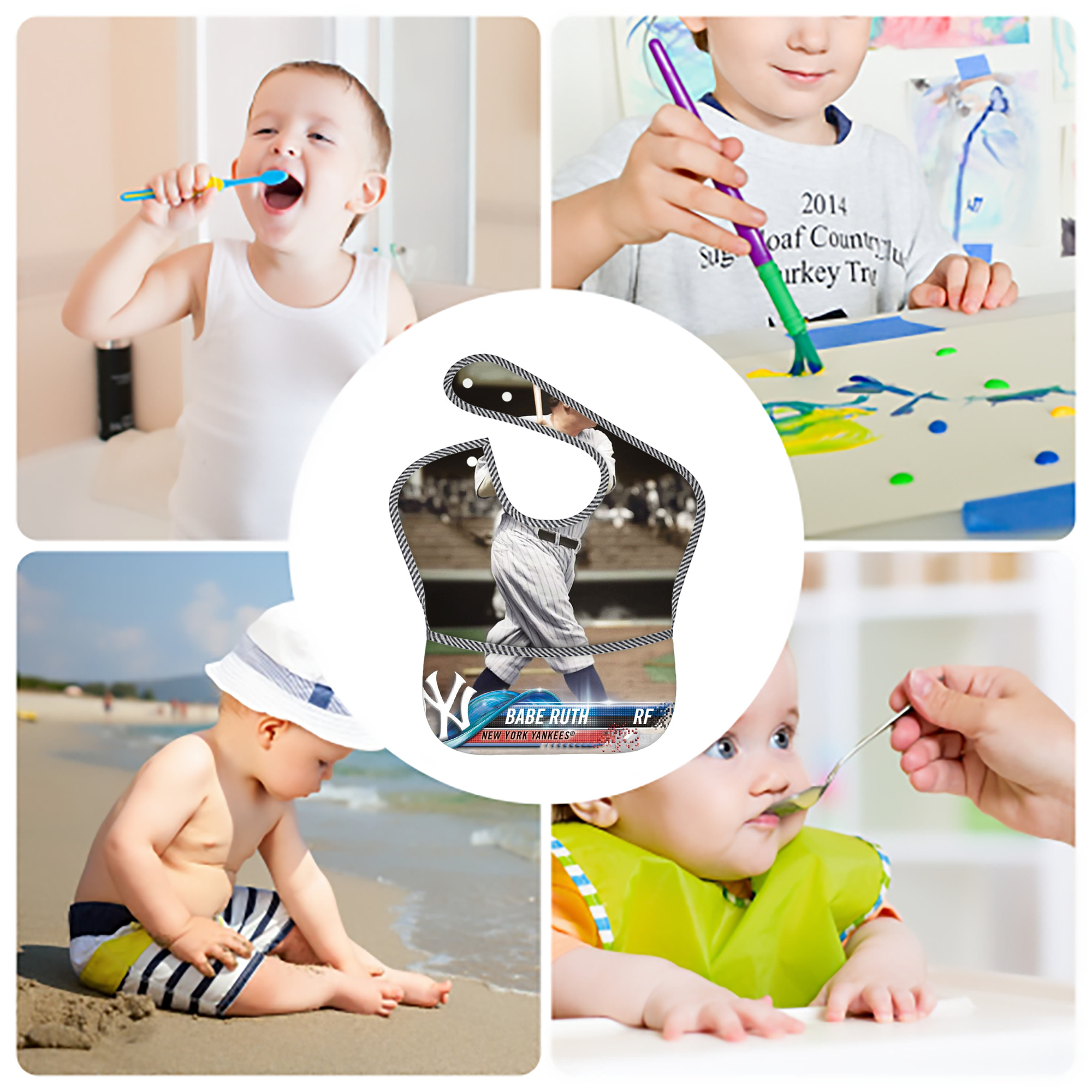 Babe Ruth 16 Adjustable Waterproof Toddler Bib – Full-Print Durable Polyester – Foldable Crumb Pocket – Easy Snap Closure – Soft