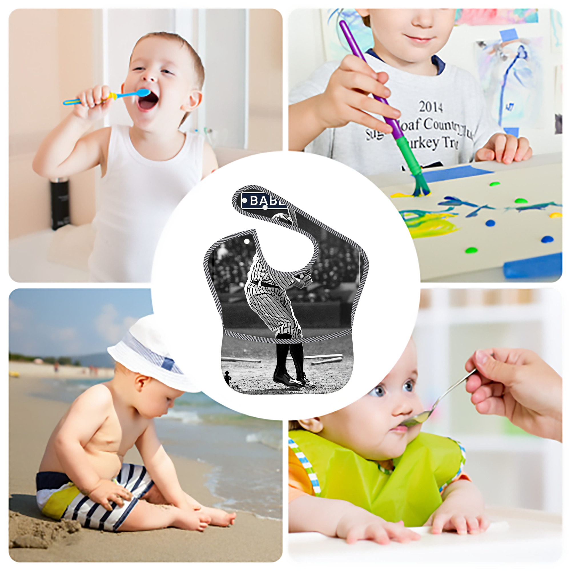 Babe Ruth 17 Adjustable Waterproof Toddler Bib – Full-Print Durable Polyester – Foldable Crumb Pocket – Easy Snap Closure – Soft