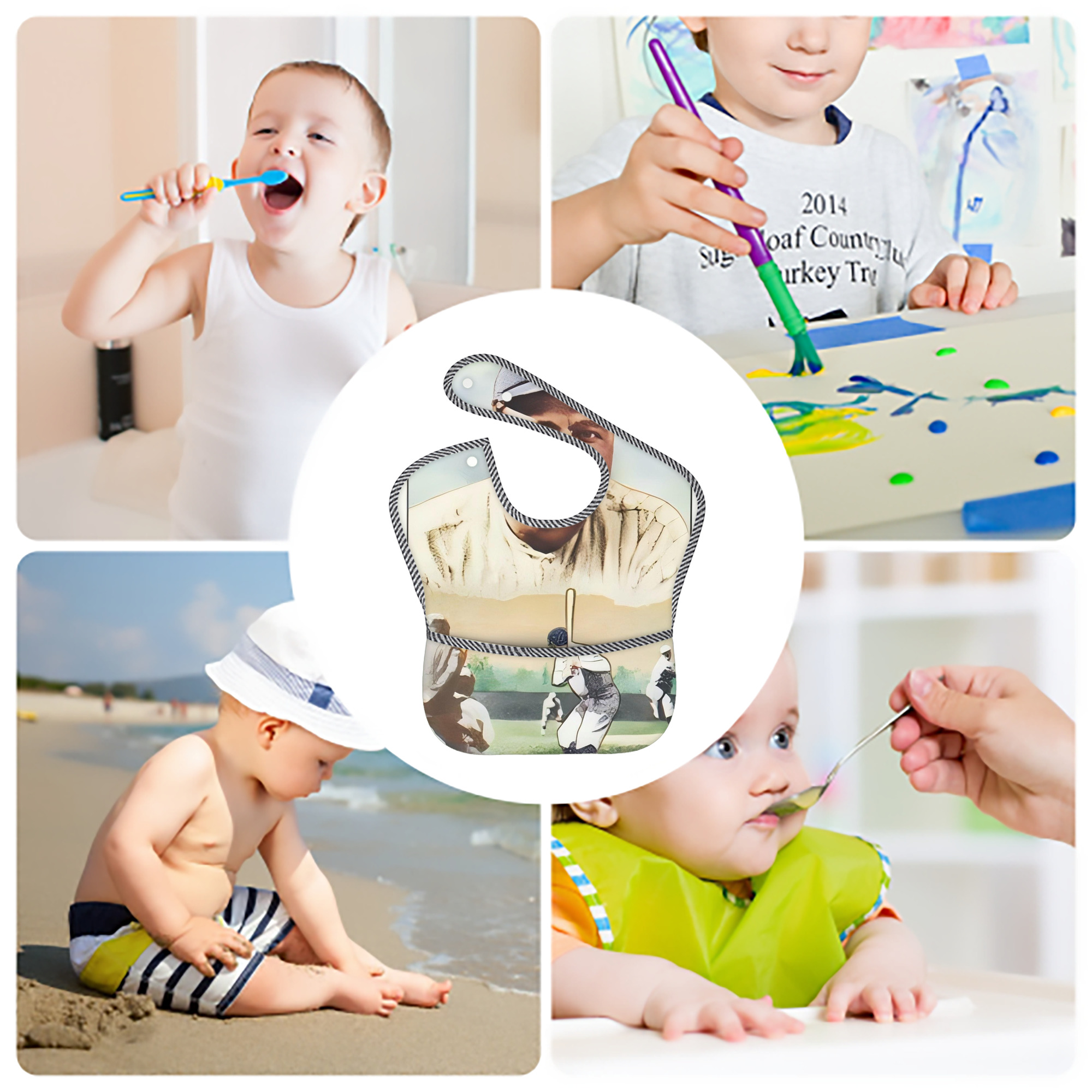 Babe Ruth 18 Adjustable Waterproof Toddler Bib – Full-Print Durable Polyester – Foldable Crumb Pocket – Easy Snap Closure – Soft