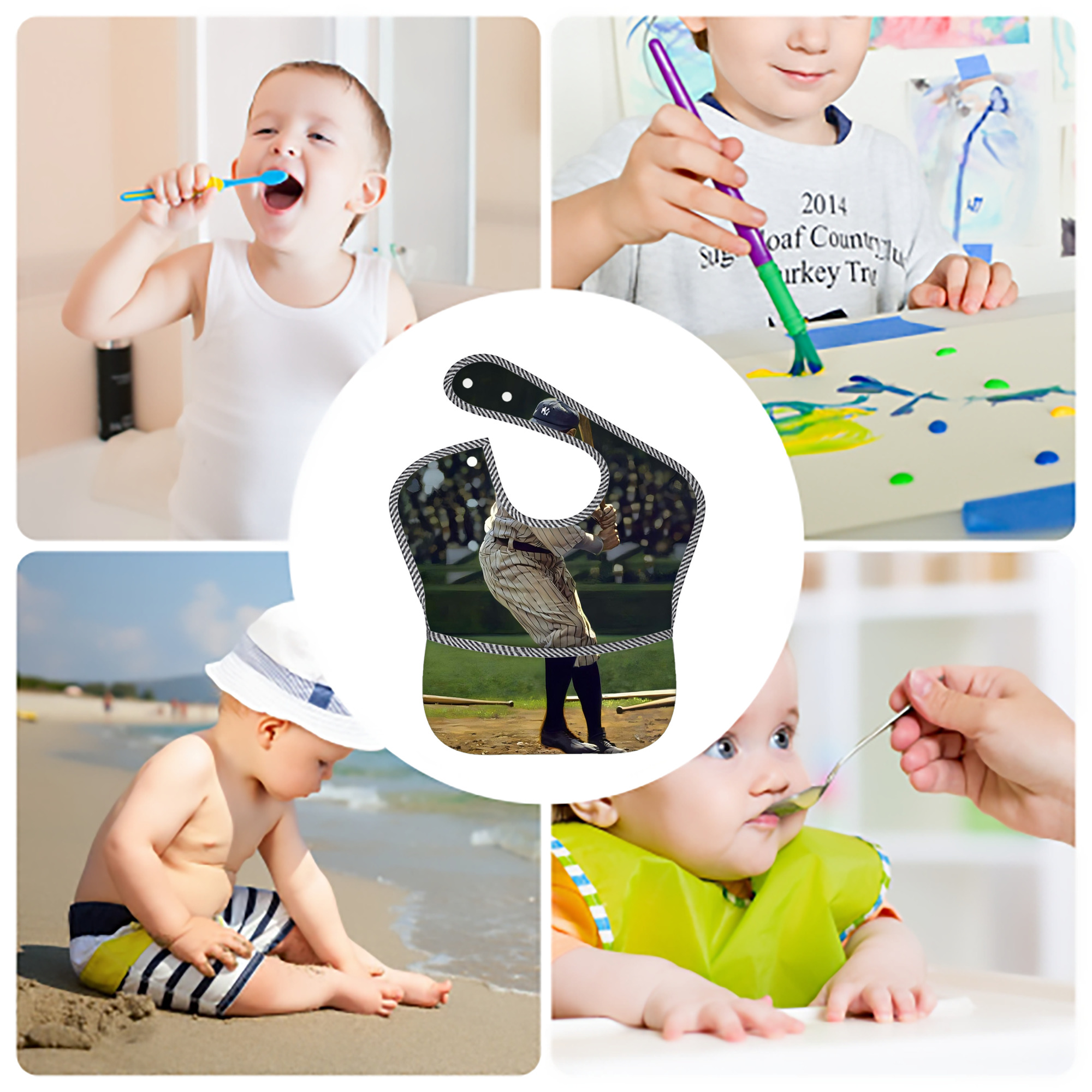 Babe Ruth 19 Adjustable Waterproof Toddler Bib – Full-Print Durable Polyester – Foldable Crumb Pocket – Easy Snap Closure – Soft