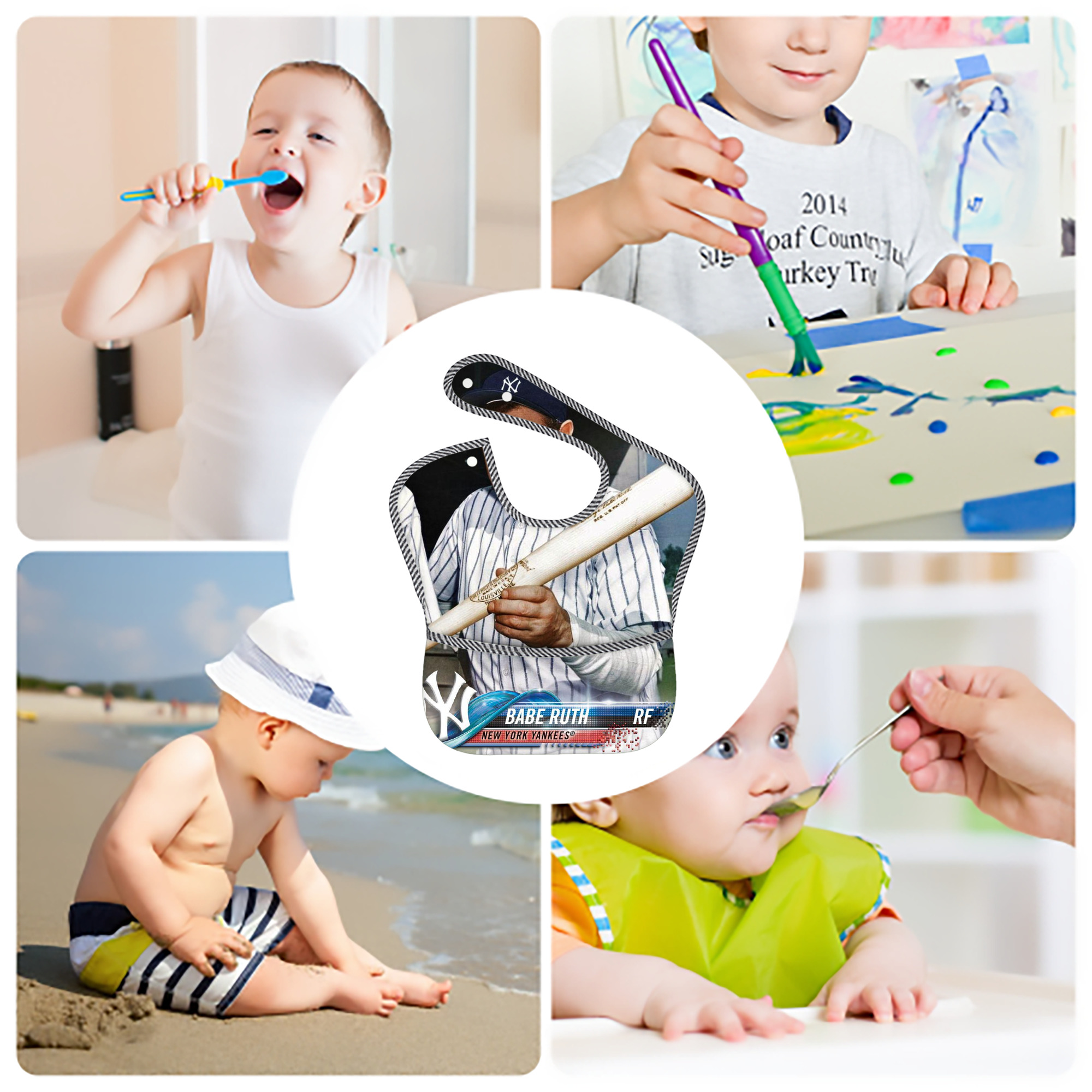 Babe Ruth 20 Adjustable Waterproof Toddler Bib – Full-Print Durable Polyester – Foldable Crumb Pocket – Easy Snap Closure – Soft