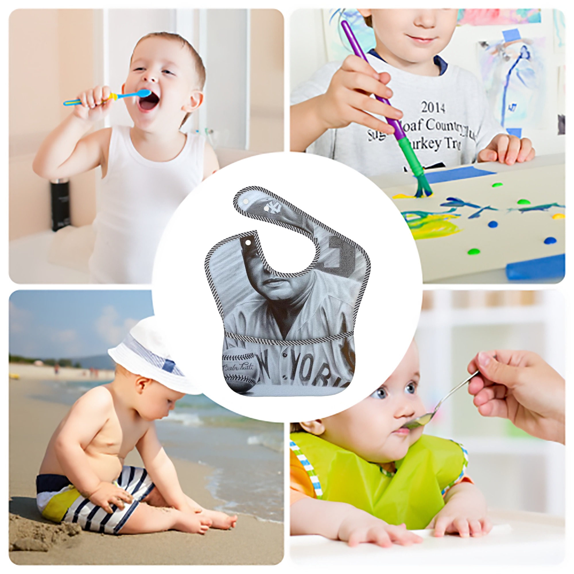 Babe Ruth 29 Adjustable Waterproof Toddler Bib – Full-Print Durable Polyester – Foldable Crumb Pocket – Easy Snap Closure – Soft