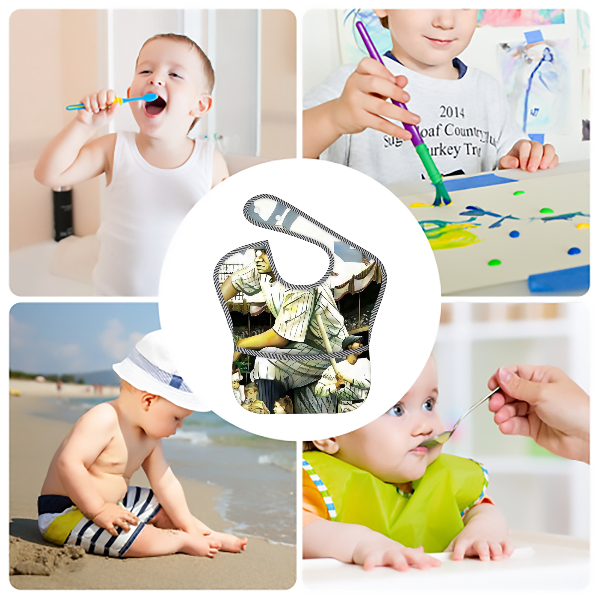 Babe Ruth 33 Adjustable Waterproof Toddler Bib – Full-Print Durable Polyester – Foldable Crumb Pocket – Easy Snap Closure – Soft