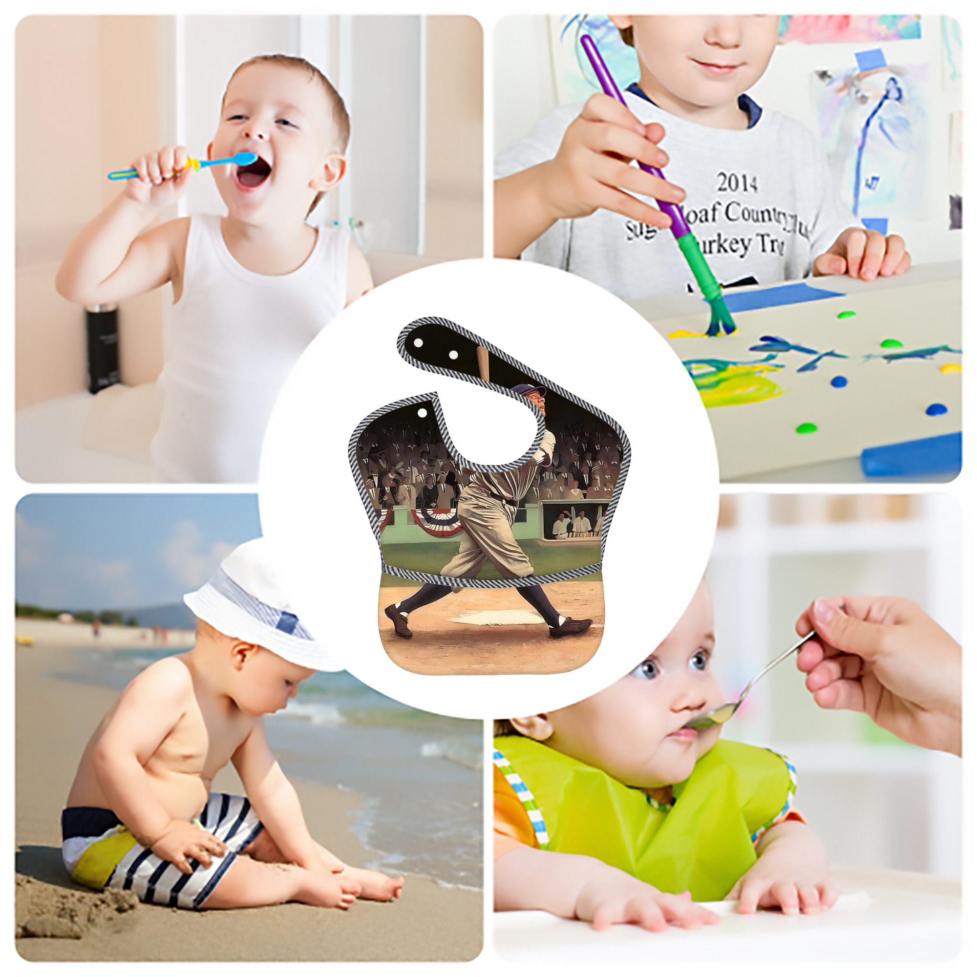 Babe Ruth 35 Adjustable Waterproof Toddler Bib – Full-Print Durable Polyester – Foldable Crumb Pocket – Easy Snap Closure – Soft