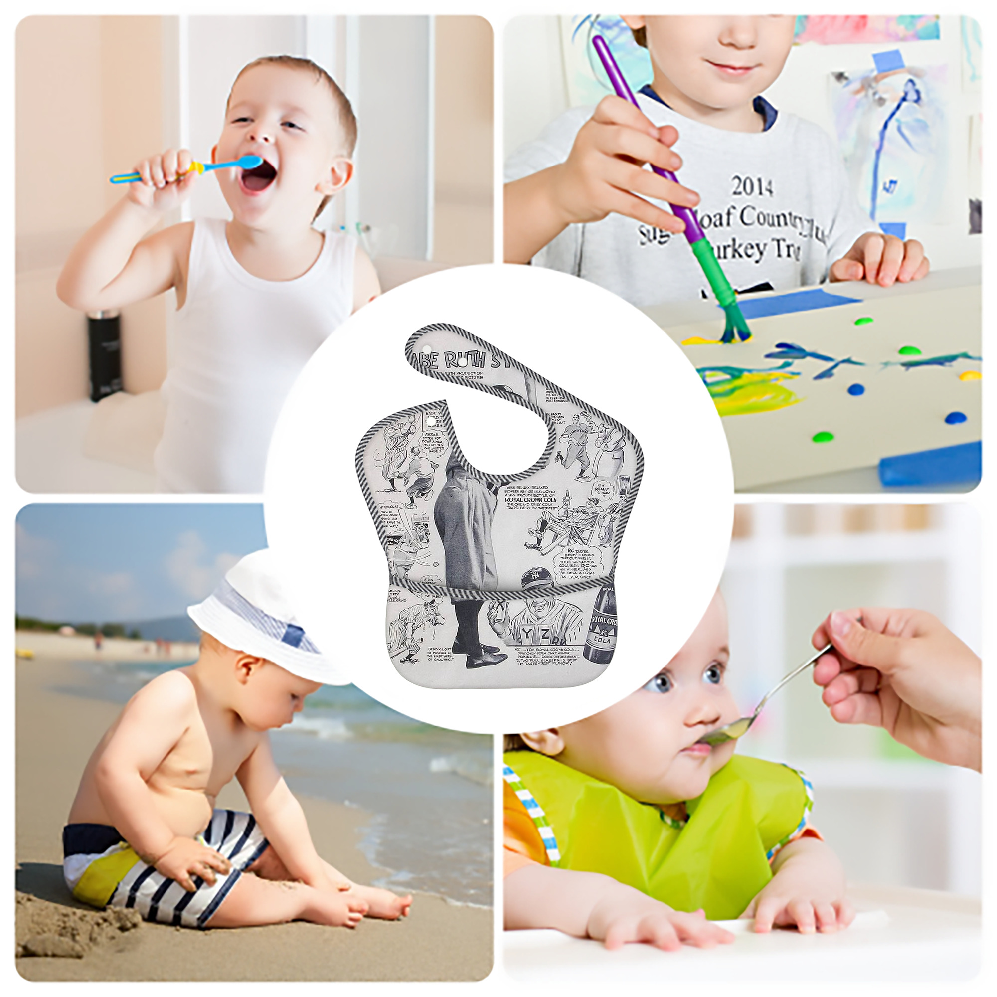 Babe Ruth 36 Adjustable Waterproof Toddler Bib – Full-Print Durable Polyester – Foldable Crumb Pocket – Easy Snap Closure – Soft