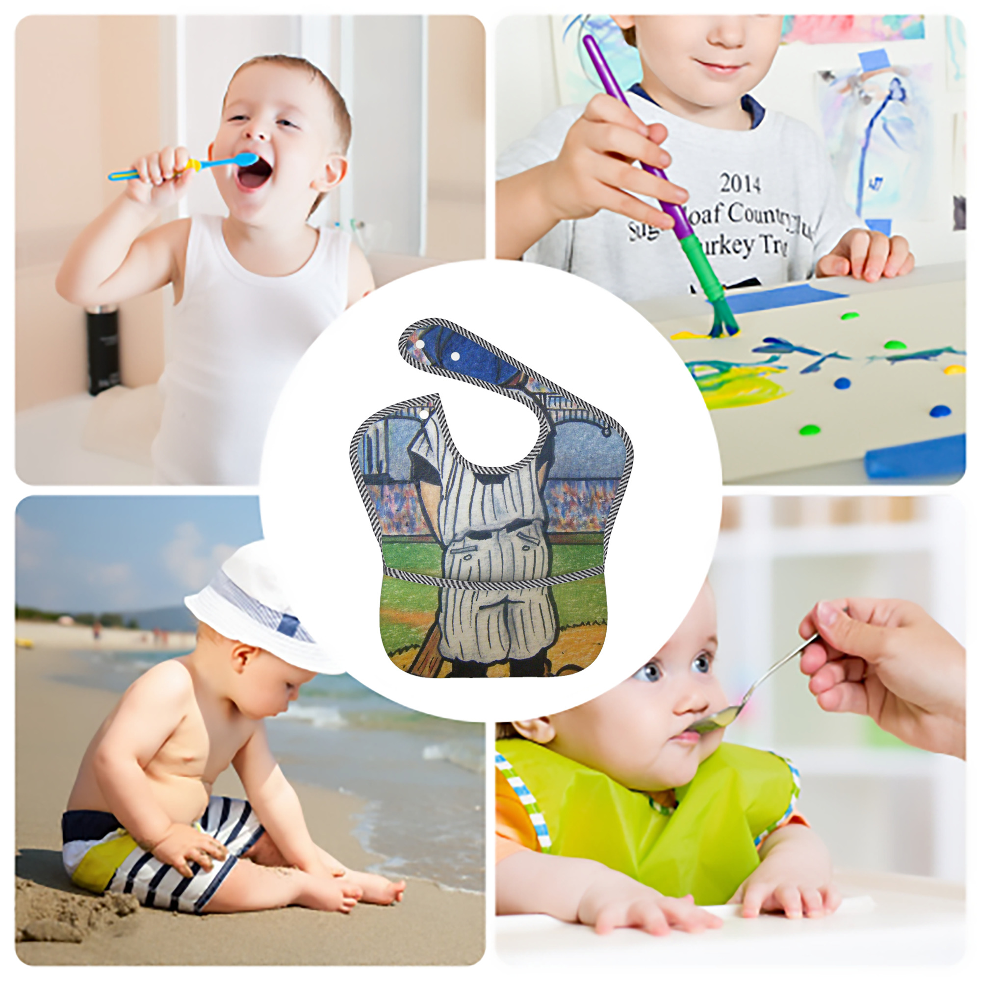 Babe Ruth 37 Adjustable Waterproof Toddler Bib – Full-Print Durable Polyester – Foldable Crumb Pocket – Easy Snap Closure – Soft