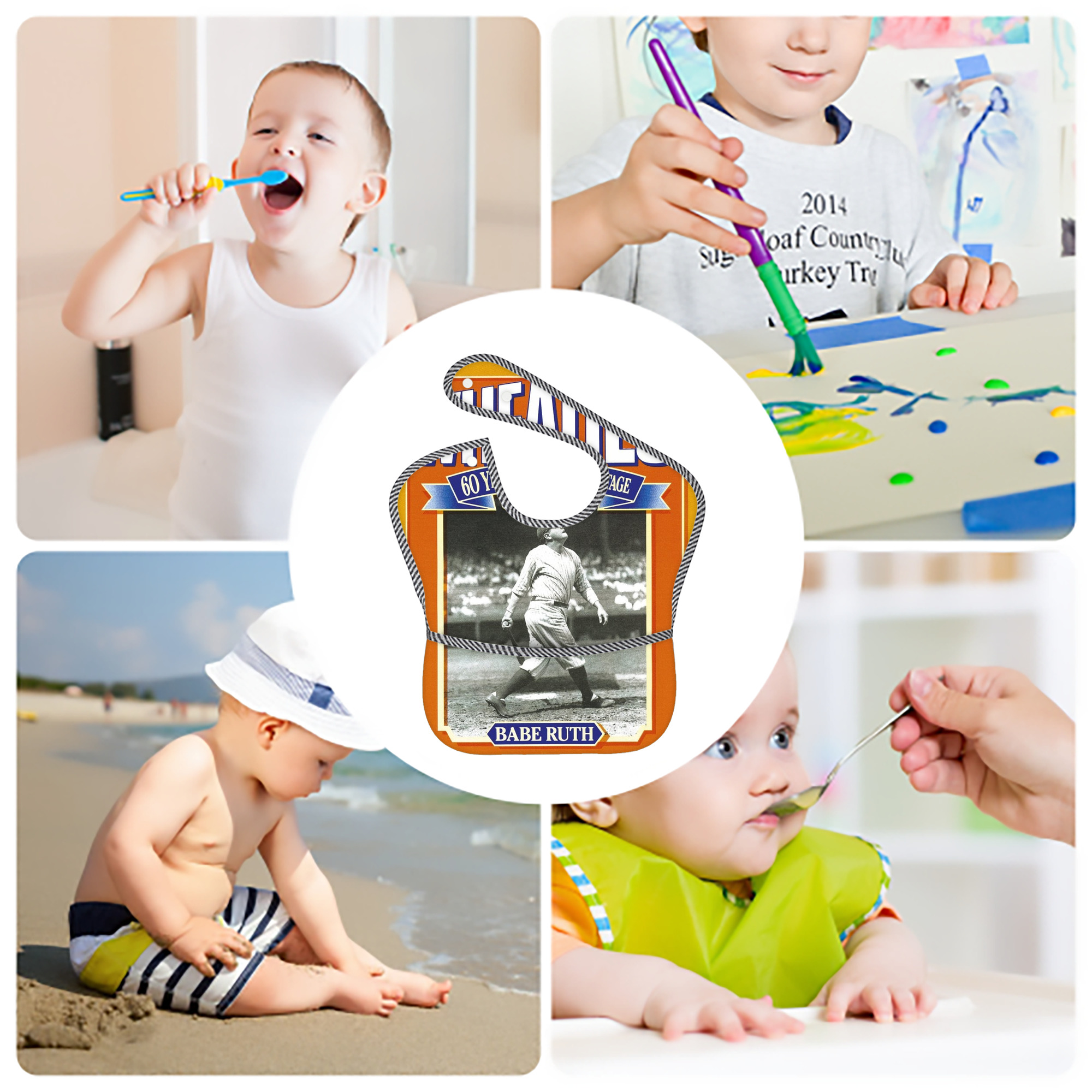 Babe Ruth 41 Adjustable Waterproof Toddler Bib – Full-Print Durable Polyester – Foldable Crumb Pocket – Easy Snap Closure – Soft