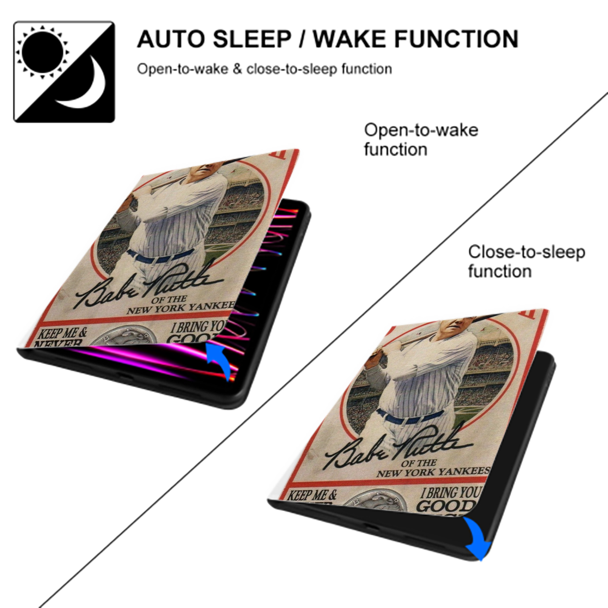 Babe Ruth 15 Premium Tri-Fold PU Leather & Silicone IPad Case With Pencil Slot – Fits 9.5,10.5,10.9 – Adjustable Stand, Slim, Protective