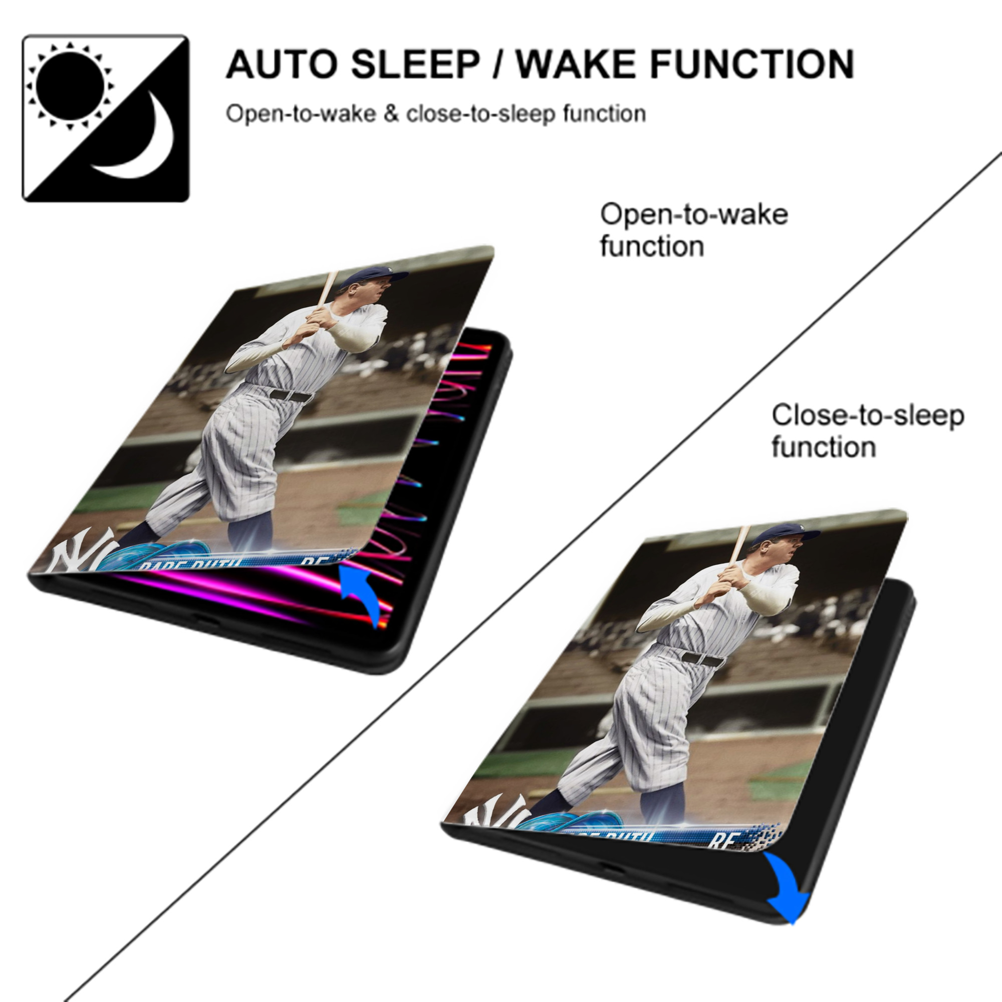 Babe Ruth 16 Premium Tri-Fold PU Leather & Silicone IPad Case With Pencil Slot – Fits 9.5,10.5,10.9 – Adjustable Stand, Slim, Protective