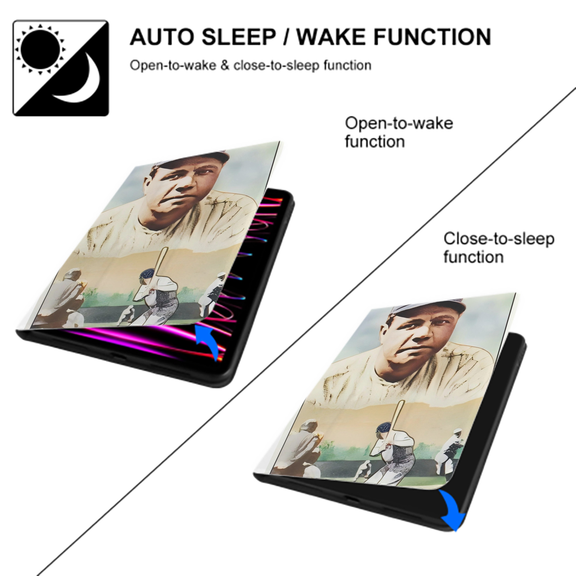 Babe Ruth 18 Premium Tri-Fold PU Leather & Silicone IPad Case With Pencil Slot – Fits 9.5,10.5,10.9 – Adjustable Stand, Slim, Protective