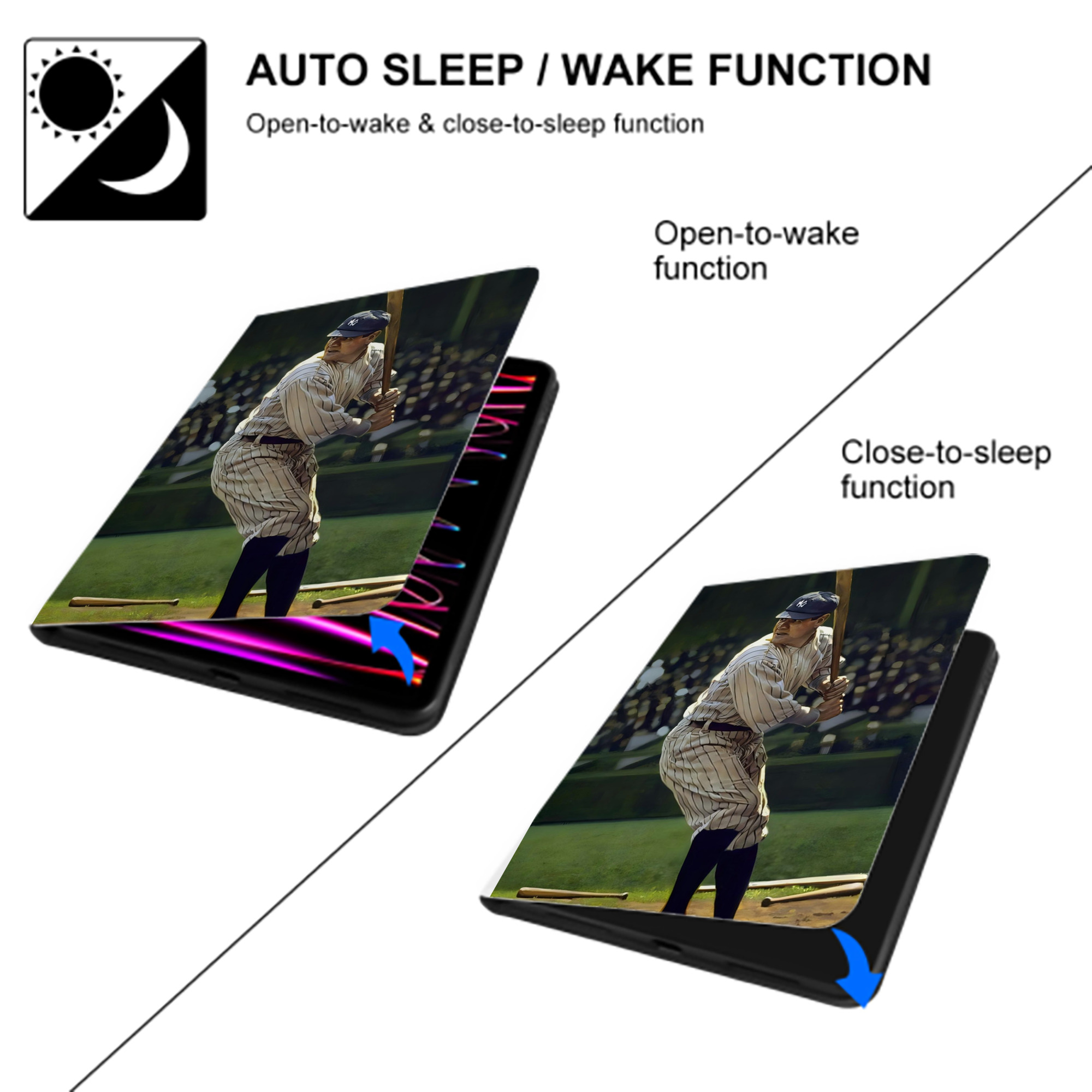 Babe Ruth 19 Premium Tri-Fold PU Leather & Silicone IPad Case With Pencil Slot – Fits 9.5,10.5,10.9 – Adjustable Stand, Slim, Protective