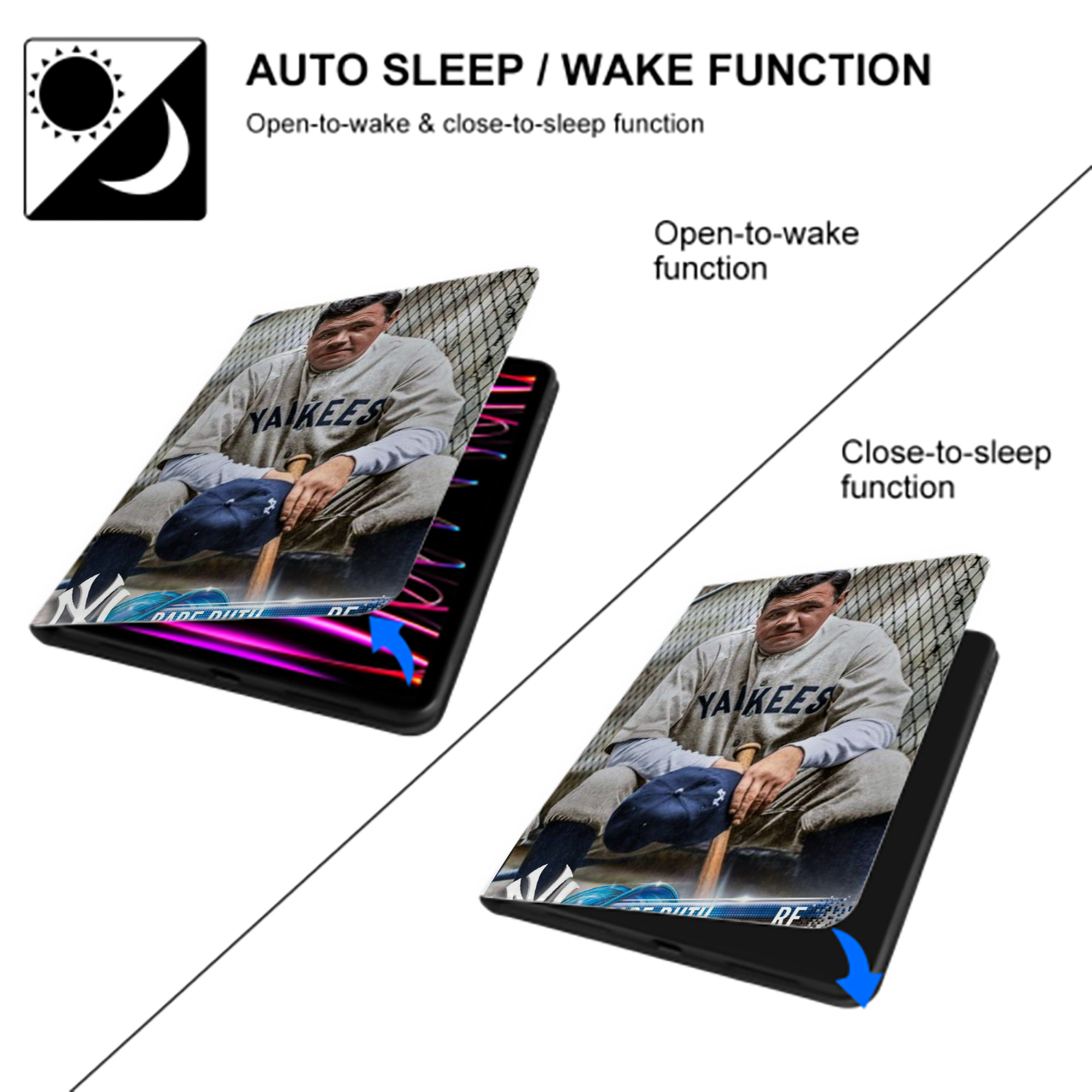 Babe Ruth 24 Premium Tri-Fold PU Leather & Silicone IPad Case With Pencil Slot – Fits 9.5,10.5,10.9 – Adjustable Stand, Slim, Protective