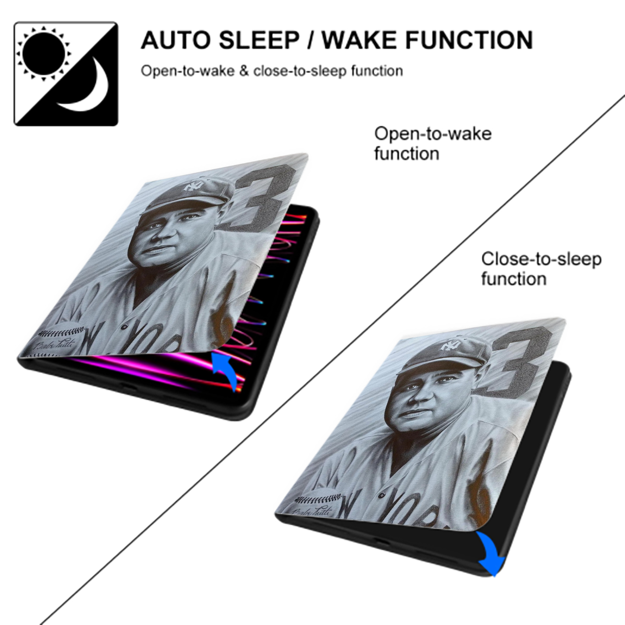 Babe Ruth 29 Premium Tri-Fold PU Leather & Silicone IPad Case With Pencil Slot – Fits 9.5,10.5,10.9 – Adjustable Stand, Slim, Protective