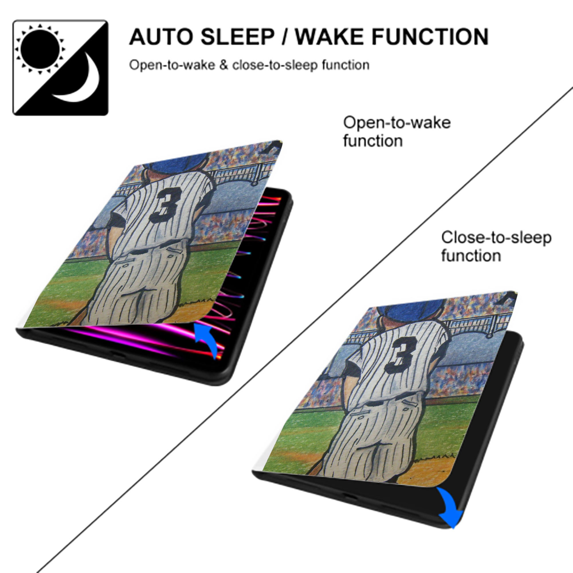 Babe Ruth 37 Premium Tri-Fold PU Leather & Silicone IPad Case With Pencil Slot – Fits 9.5,10.5,10.9 – Adjustable Stand, Slim, Protective