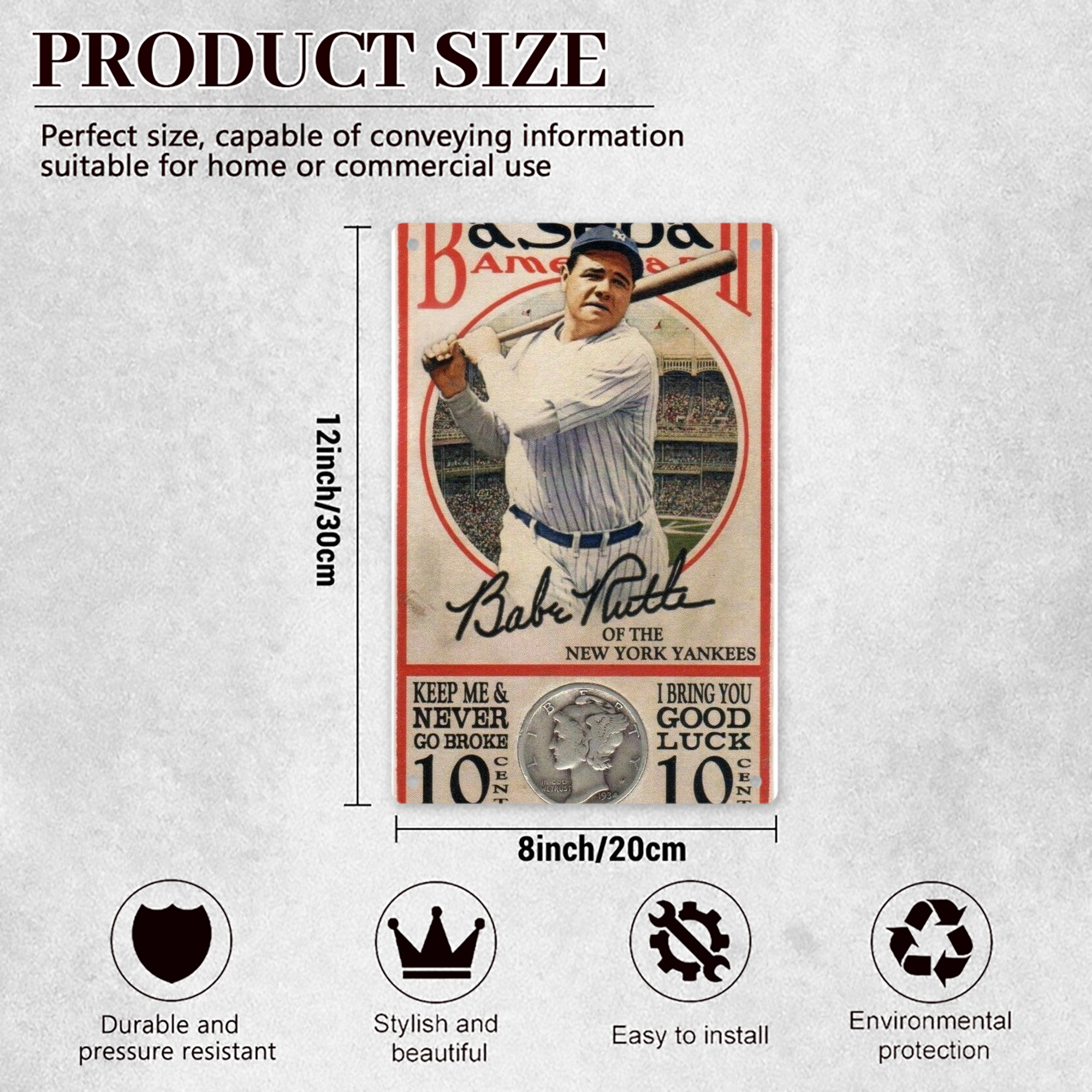 Babe Ruth 15 8x12inch Vertical Aluminum Sign - Durable Fade-Resistant Indoor/Outdoor Safety & Information Plaque For Office, Hotel, Restaurant, Bar, Public Spaces