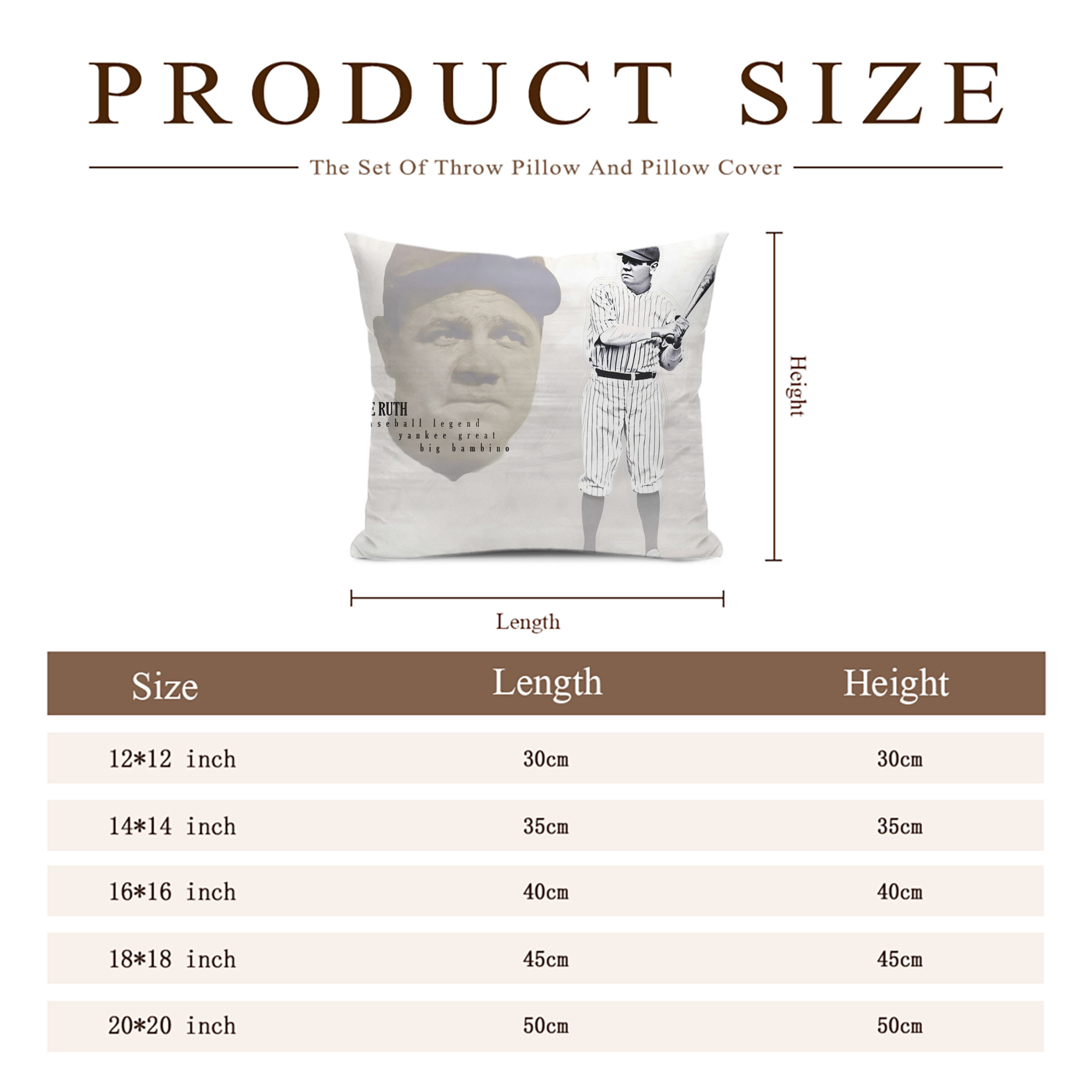 Babe Ruth 25 Soft Polyester Pillow Cover With Insert – Double-Sided Design, Invisible Zipper, Durable & Breathable – Easy Care Cushion Set