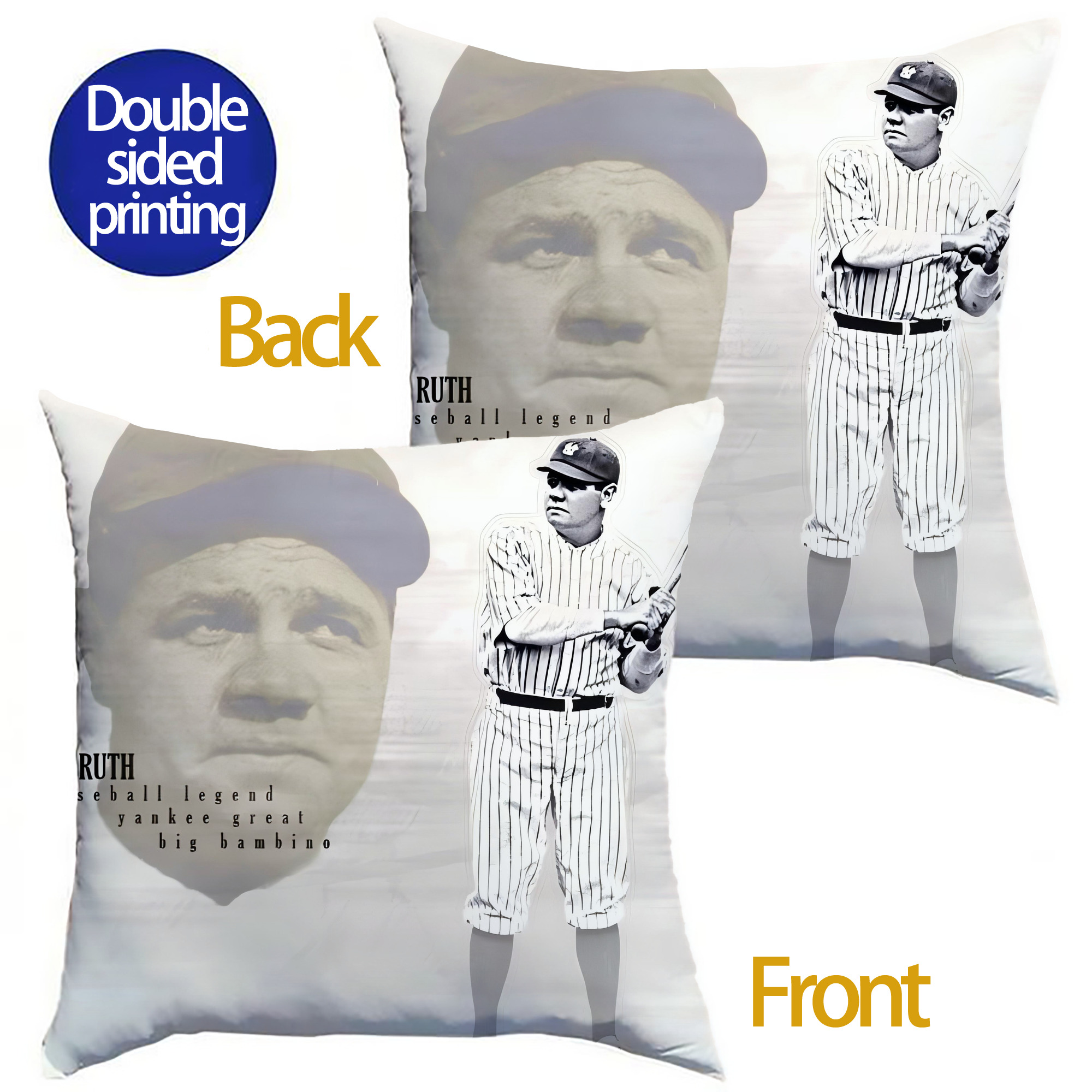Babe Ruth 25 Soft Polyester Pillow Cover With Insert – Double-Sided Design, Invisible Zipper, Durable & Breathable – Easy Care Cushion Set
