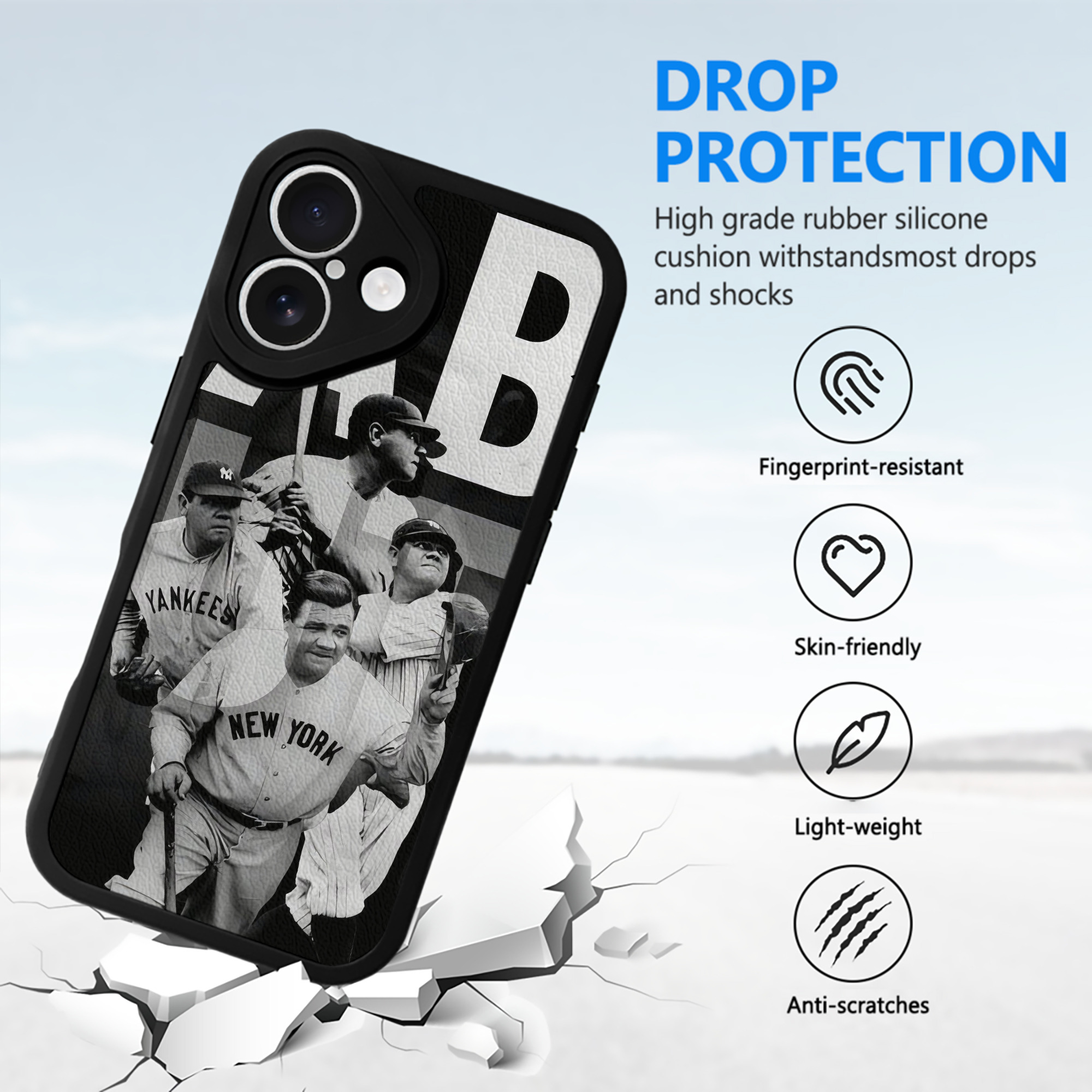 Babe Ruth 22 IPhone 16 Silicone Leather Case – UV Print, Lambskin Texture – Perfect Fit, Wireless Charging Compatible, Scratch Resistant, Precise Cutouts – Stylish Protection For IPhone 16