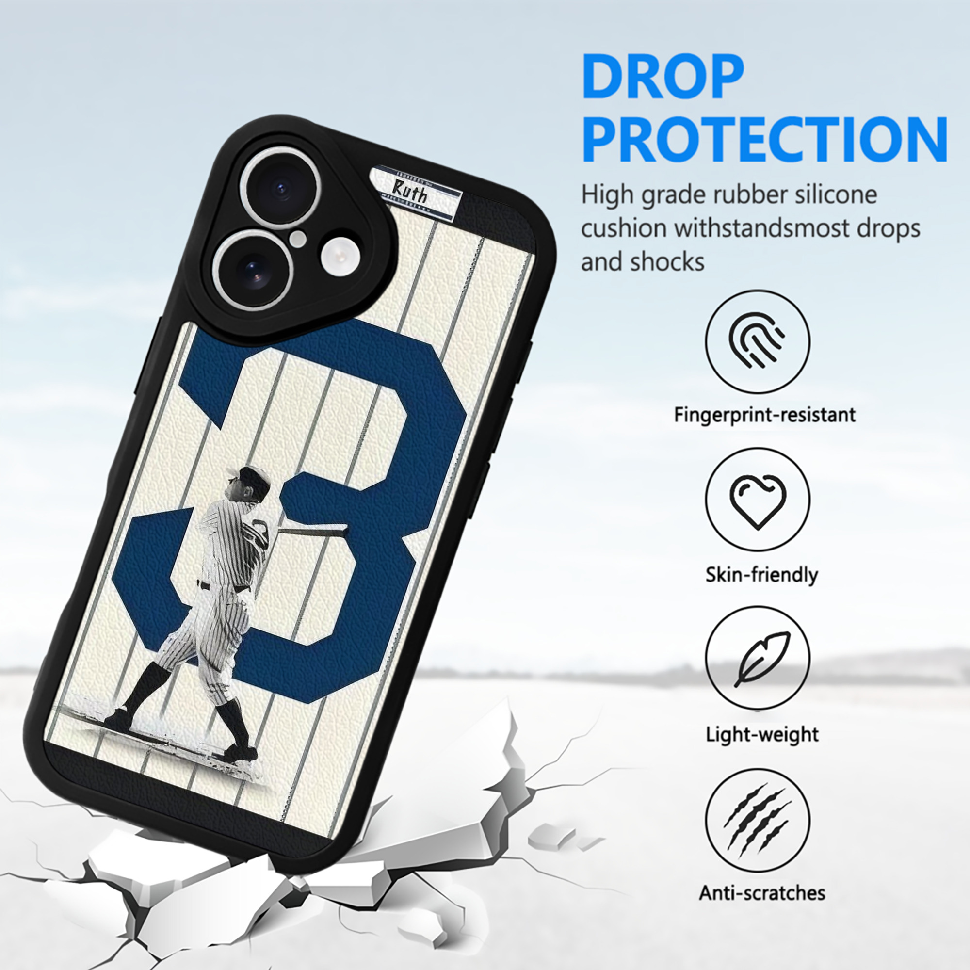 Babe Ruth 26 IPhone 16 Silicone Leather Case – UV Print, Lambskin Texture – Perfect Fit, Wireless Charging Compatible, Scratch Resistant, Precise Cutouts – Stylish Protection For IPhone 16