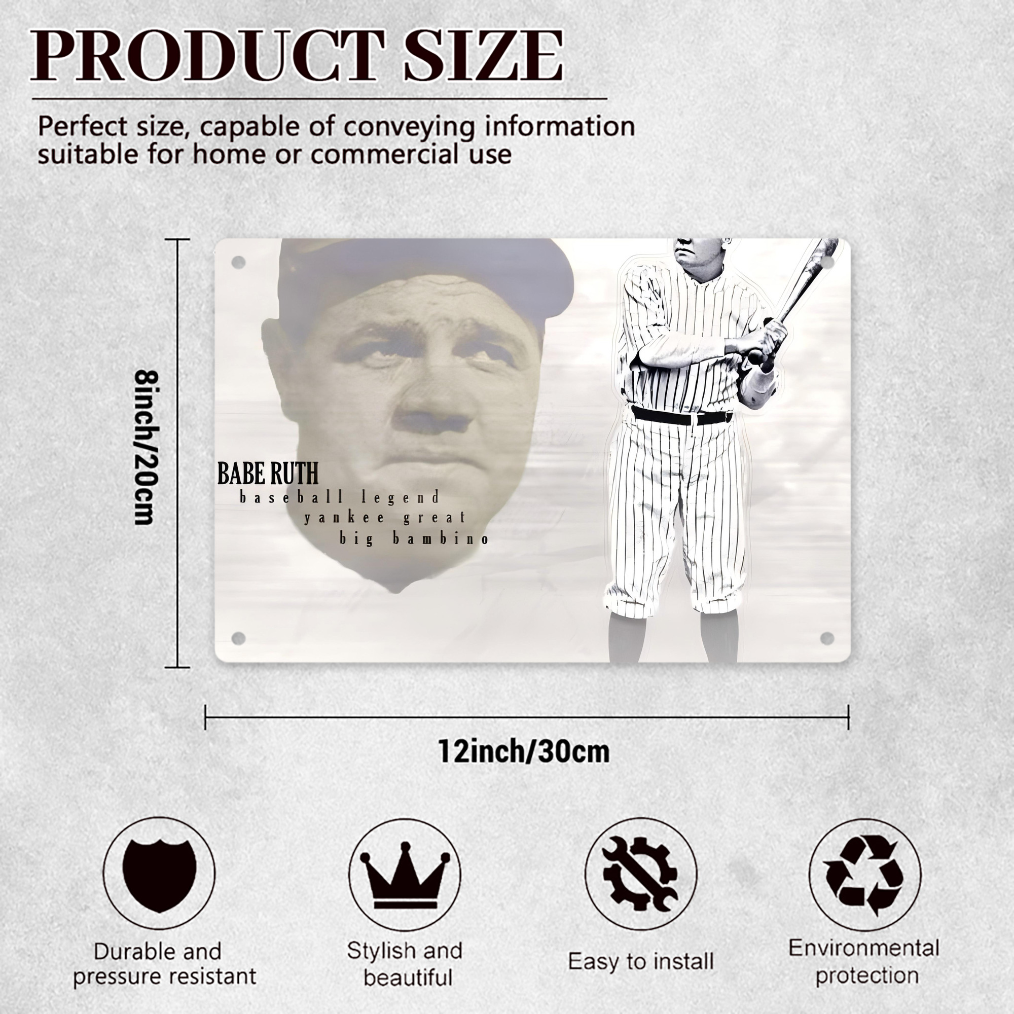 Babe Ruth 25 Decorative Aluminum Plaque – Horizontal Design – Durable, Stylish, Easy To Install – Ideal For Home, Office, Bar, And More